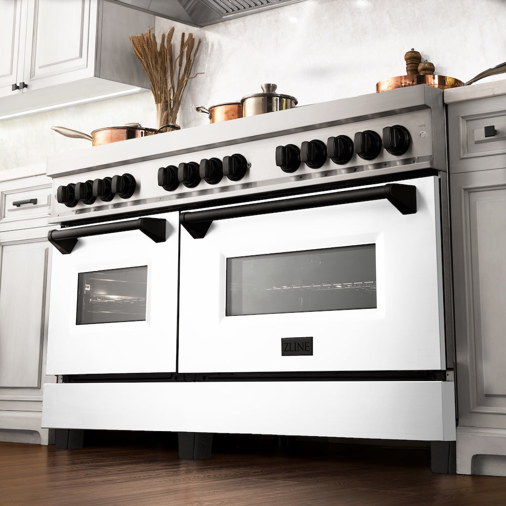 ZLINE Autograph Edition 60 in. 7.4 cu. ft. Legacy Dual Fuel Range with 9 Burner Gas Cooktop and 2 Electric Convection Ovens in Stainless Steel with White Matte Doors and Matte Black Accents, Open Box-Good Condition