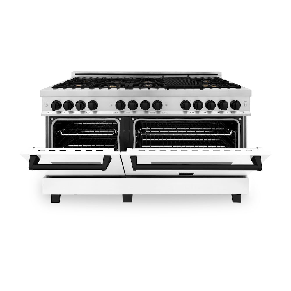 ZLINE Autograph Edition 60 in. 7.4 cu. ft. Legacy Dual Fuel Range with 9 Burner Gas Cooktop and 2 Electric Convection Ovens in Stainless Steel with White Matte Doors and Matte Black Accents, Open Box-Good Condition