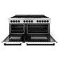 ZLINE Autograph Edition 60 in. 7.4 cu. ft. Legacy Dual Fuel Range with 9 Burner Gas Cooktop and 2 Electric Convection Ovens in Stainless Steel with White Matte Doors and Matte Black Accents (RAZ-WM-60-MB) front, oven open.