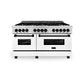 ZLINE Autograph Edition 60 in. 7.4 cu. ft. Legacy Dual Fuel Range with 9 Burner Gas Cooktop and 2 Electric Convection Ovens in Stainless Steel with White Matte Doors and Matte Black Accents (RAZ-WM-60-MB) front, oven closed.