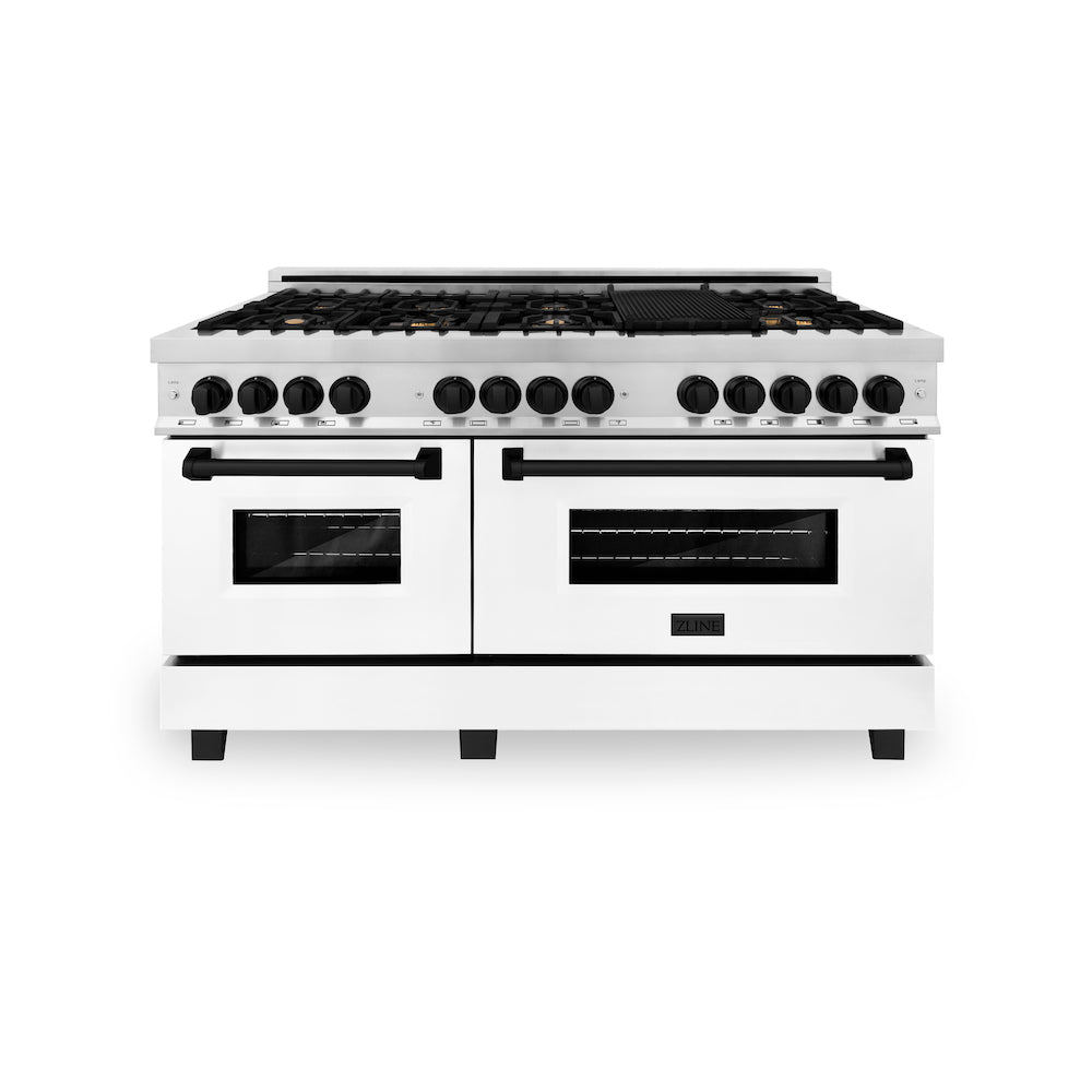 ZLINE Autograph Edition 60 in. 7.4 cu. ft. Legacy Dual Fuel Range with 9 Burner Gas Cooktop and 2 Electric Convection Ovens in Stainless Steel with White Matte Doors and Matte Black Accents (RAZ-WM-60-MB) front, oven closed.