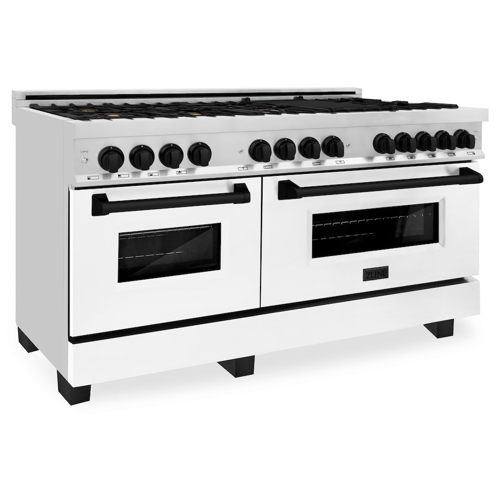 ZLINE Autograph Edition 60 in. 7.4 cu. ft. Legacy Dual Fuel Range with 9 Burner Gas Cooktop and 2 Electric Convection Ovens in Stainless Steel with White Matte Doors and Matte Black Accents, Open Box-Good Condition