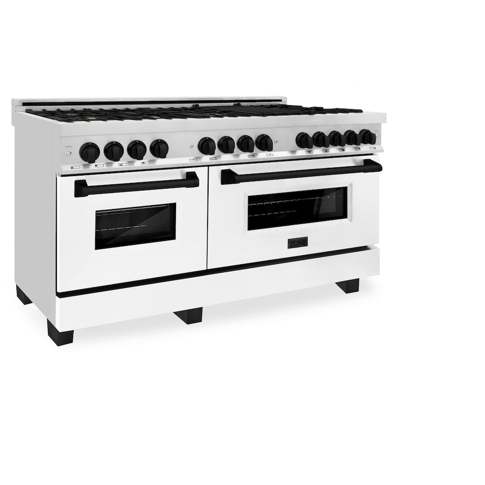 ZLINE Autograph Edition 60 in. 7.4 cu. ft. Dual Fuel Range with Gas Stove and Electric Oven in Stainless Steel with White Matte Doors and Matte Black Accents (RAZ-WM-60-MB)