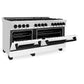ZLINE Autograph Edition 60 in. 7.4 cu. ft. Legacy Dual Fuel Range with 9 Burner Gas Cooktop and 2 Electric Convection Ovens in Stainless Steel with White Matte Doors and Matte Black Accents (RAZ-WM-60-MB) side, oven half open.