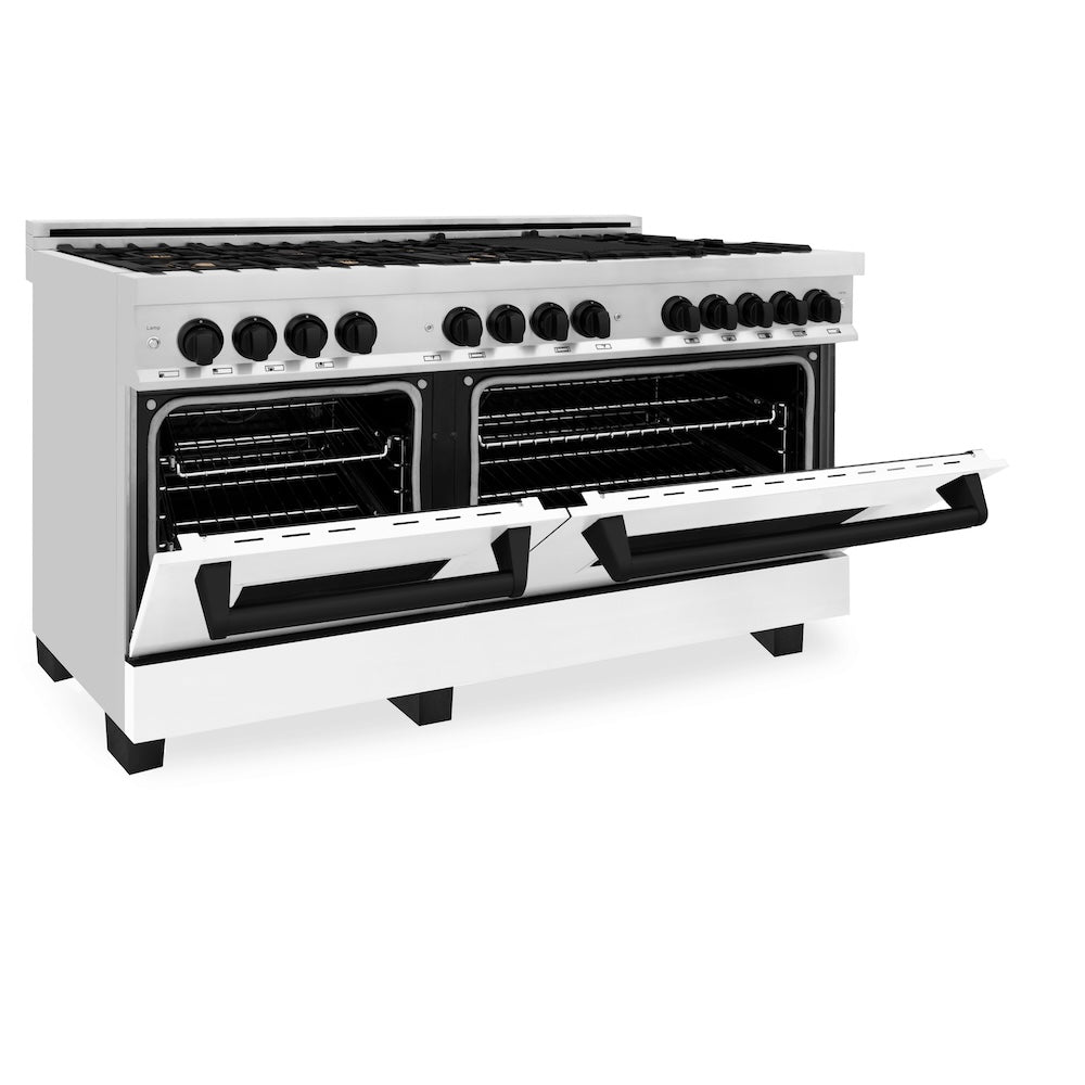 ZLINE Autograph Edition 60 in. 7.4 cu. ft. Legacy Dual Fuel Range with 9 Burner Gas Cooktop and 2 Electric Convection Ovens in Stainless Steel with White Matte Doors and Matte Black Accents, Open Box-Good Condition