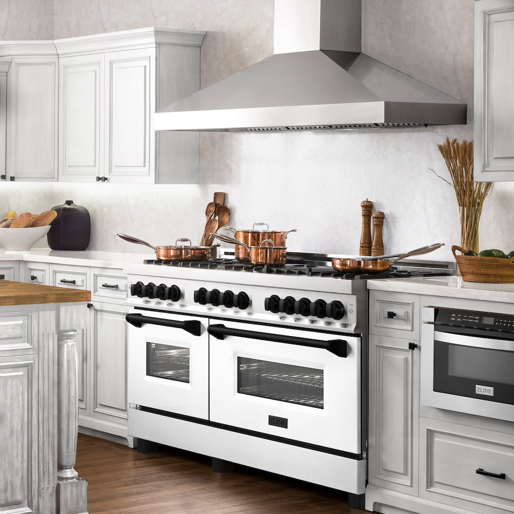 ZLINE Autograph Edition 60 in. 7.4 cu. ft. Legacy Dual Fuel Range with 9 Burner Gas Cooktop and 2 Electric Convection Ovens in Stainless Steel with White Matte Doors and Matte Black Accents, Open Box-Good Condition