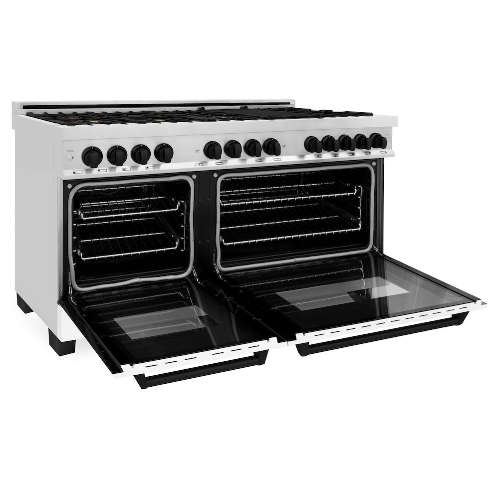 ZLINE Autograph Edition 60 in. 7.4 cu. ft. Legacy Dual Fuel Range with 9 Burner Gas Cooktop and 2 Electric Convection Ovens in Stainless Steel with White Matte Doors and Matte Black Accents (RAZ-WM-60-MB) side, oven open.