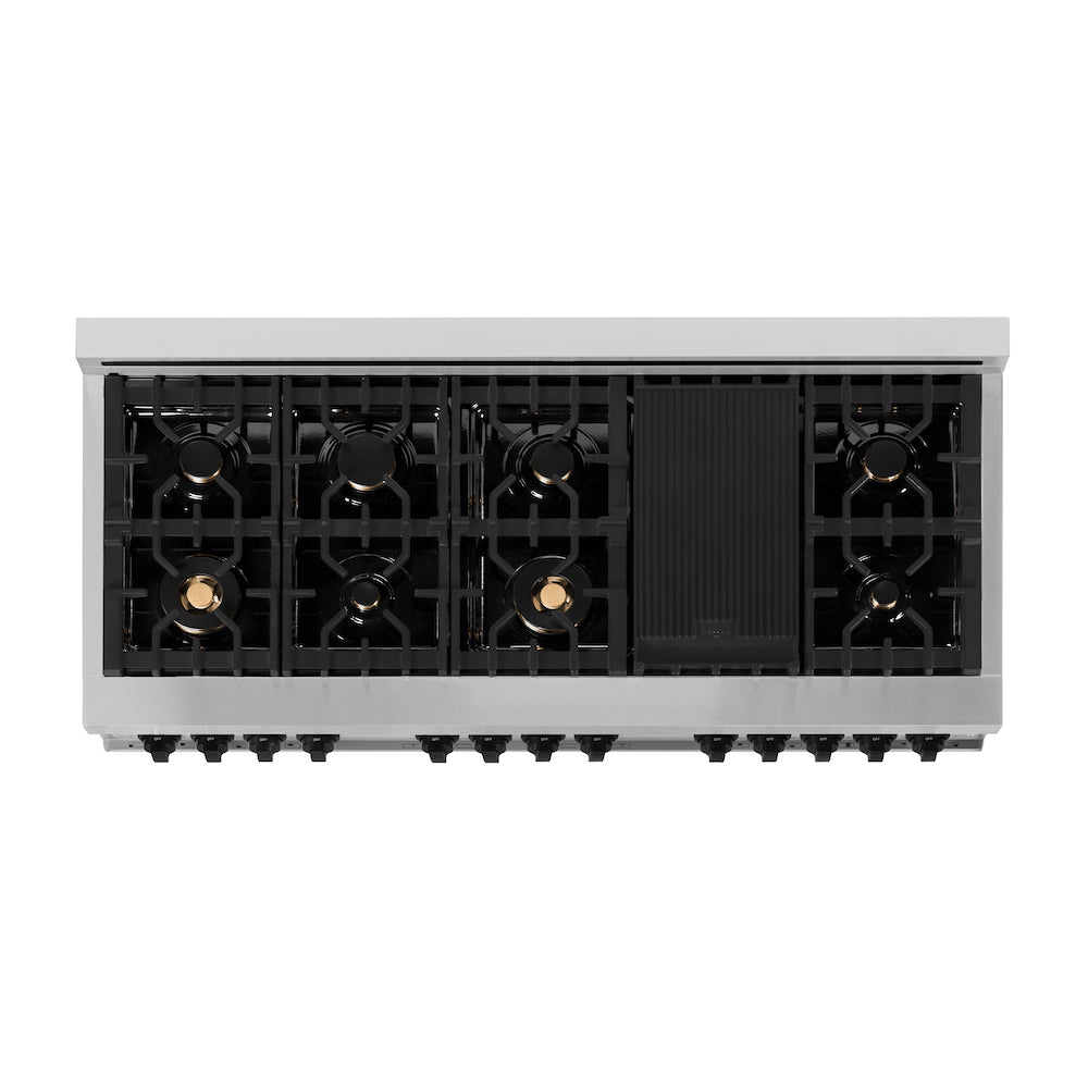 ZLINE Autograph Edition 60 in. 7.4 cu. ft. Legacy Dual Fuel Range with 9 Burner Gas Cooktop and 2 Electric Convection Ovens in Stainless Steel with White Matte Doors and Matte Black Accents (RAZ-WM-60-MB) top-down, above cooktop.