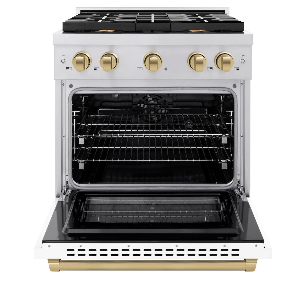 ZLINE Autograph Edition 30 in. 4.2 cu. ft. Paramount Dual Fuel Range with 4 Burner Gas Cooktop and Electric Convection Oven in Stainless Steel with White Matte Door and Champagne Bronze Accents (SDRZ-WM-30-CB) front, oven open.