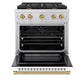 ZLINE Autograph Edition 30 in. 4.2 cu. ft. Paramount Dual Fuel Range with 4 Burner Gas Cooktop and Electric Convection Oven in Stainless Steel with White Matte Door and Champagne Bronze Accents (SDRZ-WM-30-CB) front, oven open.