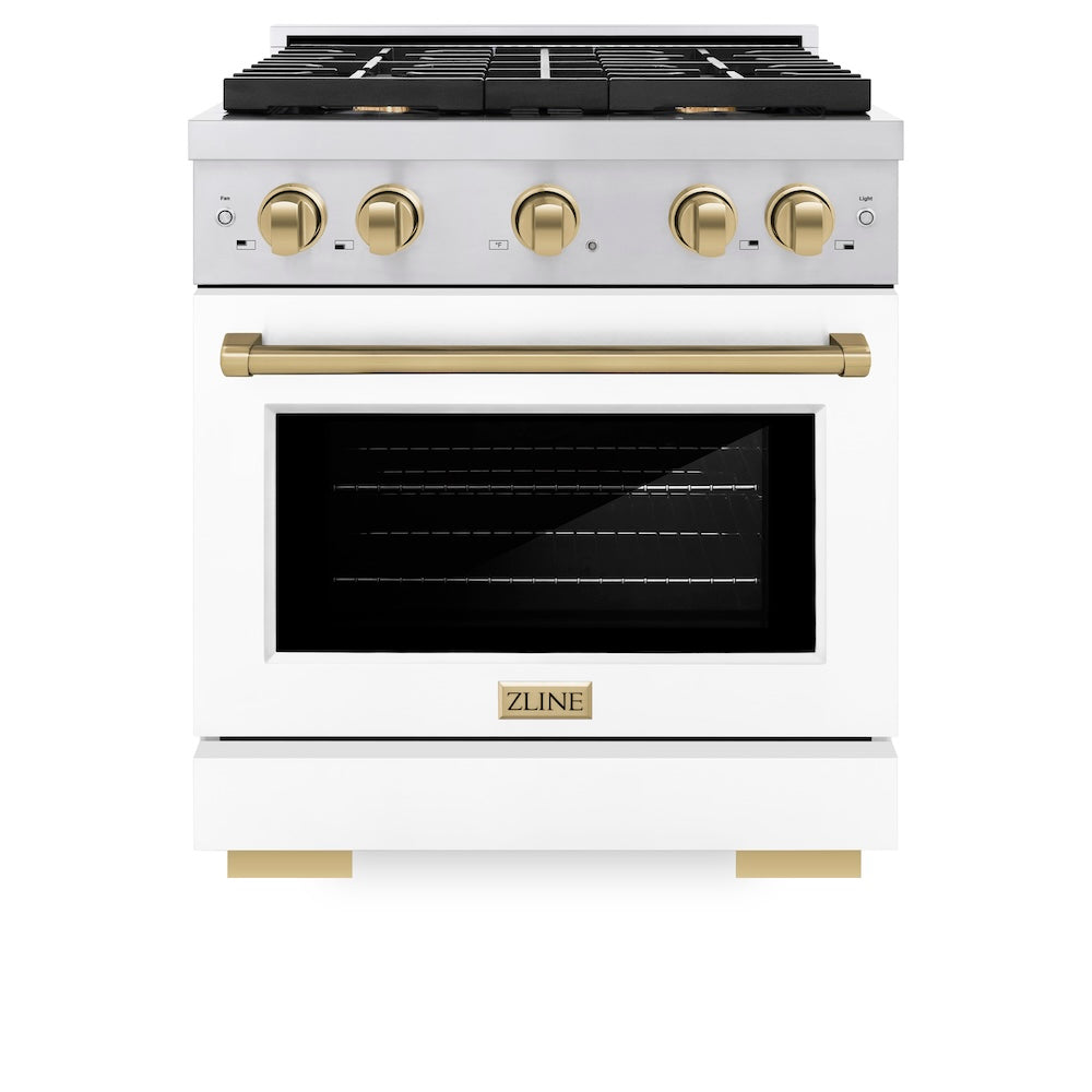 ZLINE Autograph Edition 30 in. 4.2 cu. ft. Paramount Dual Fuel Range with 4 Burner Gas Cooktop and Electric Convection Oven in Stainless Steel with White Matte Door and Champagne Bronze Accents (SDRZ-WM-30-CB) front, oven closed.