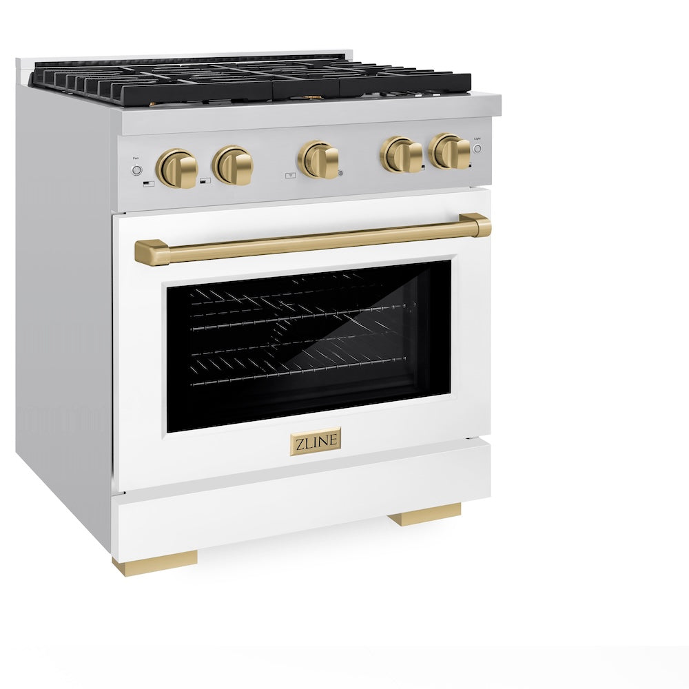 ZLINE Autograph Edition 30 in. 4.2 cu. ft. Paramount Dual Fuel Range with 4 Burner Gas Cooktop and Electric Convection Oven in Stainless Steel with White Matte Door and Champagne Bronze Accents (SDRZ-WM-30-CB) side, oven closed.