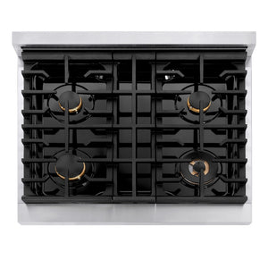 ZLINE Autograph Edition 30 in. 4.2 cu. ft. Paramount Dual Fuel Range with 4 Burner Gas Cooktop and Electric Convection Oven in Stainless Steel with White Matte Door and Champagne Bronze Accents (SDRZ-WM-30-CB) top-down, above cooktop.