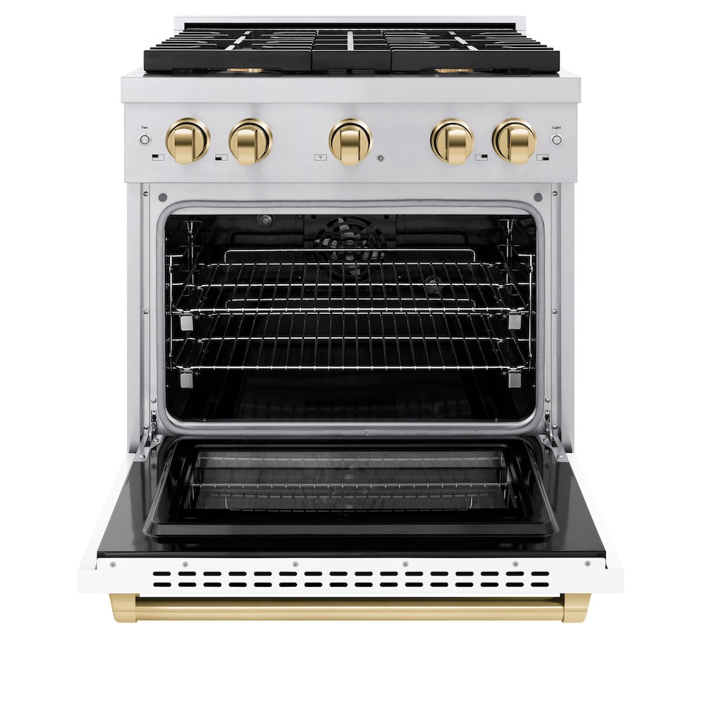 ZLINE Autograph Edition 30 in. 4.2 cu. ft. Paramount Dual Fuel Range with 4 Burner Gas Cooktop and Electric Convection Oven in Stainless Steel with White Matte Door and Polished Gold Accents (SDRZ-WM-30-G) front, oven open.