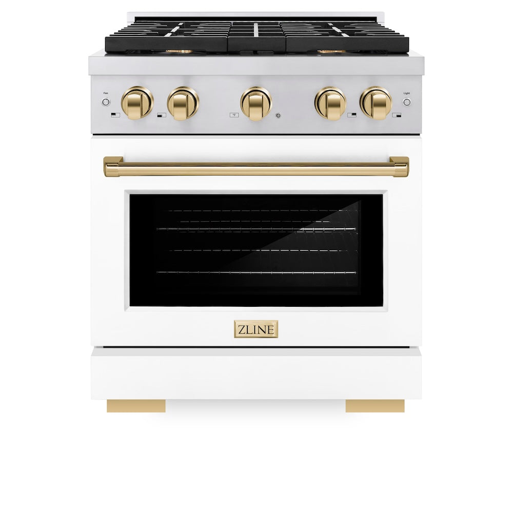 ZLINE Autograph Edition 30 in. 4.2 cu. ft. Paramount Dual Fuel Range with 4 Burner Gas Cooktop and Electric Convection Oven in Stainless Steel with White Matte Door and Polished Gold Accents (SDRZ-WM-30-G) front, oven closed.