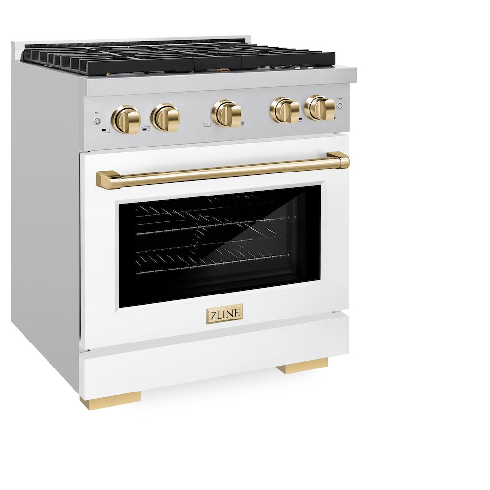 ZLINE Autograph Edition 30 in. 4.2 cu. ft. Paramount Dual Fuel Range with 4 Burner Gas Cooktop and Electric Convection Oven in Stainless Steel with White Matte Door and Polished Gold Accents (SDRZ-WM-30-G) side, oven closed.