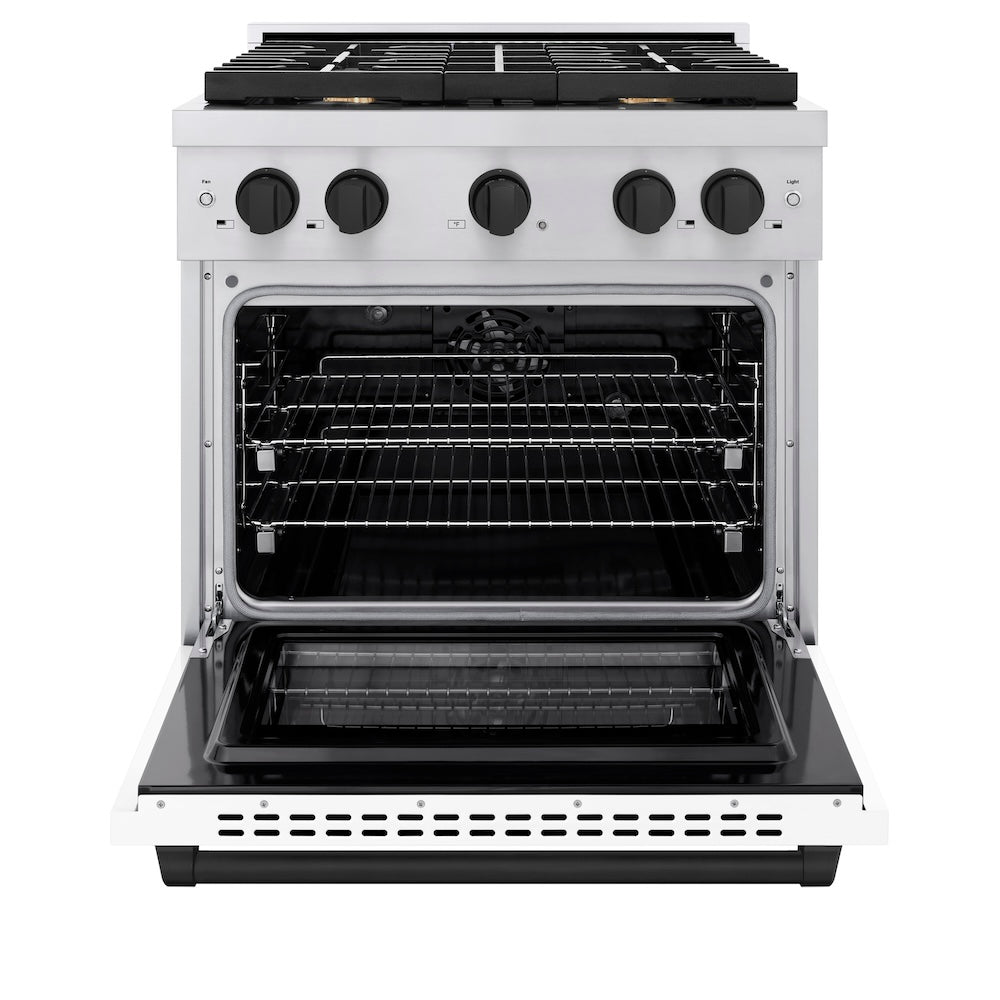 ZLINE Autograph Edition 30 in. 4.2 cu. ft. Paramount Dual Fuel Range with 4 Burner Gas Cooktop and Electric Convection Oven in Stainless Steel with White Matte Door and Matte Black Accents (SDRZ-WM-30-MB) front, oven open.