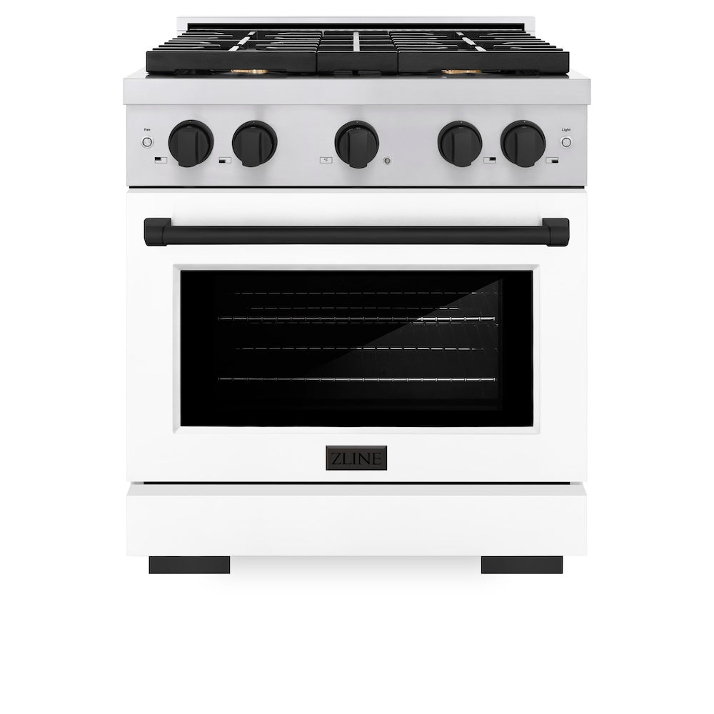 ZLINE Autograph Edition 30 in. 4.2 cu. ft. Paramount Dual Fuel Range with 4 Burner Gas Cooktop and Electric Convection Oven in Stainless Steel with White Matte Door and Matte Black Accents (SDRZ-WM-30-MB) front, oven closed.