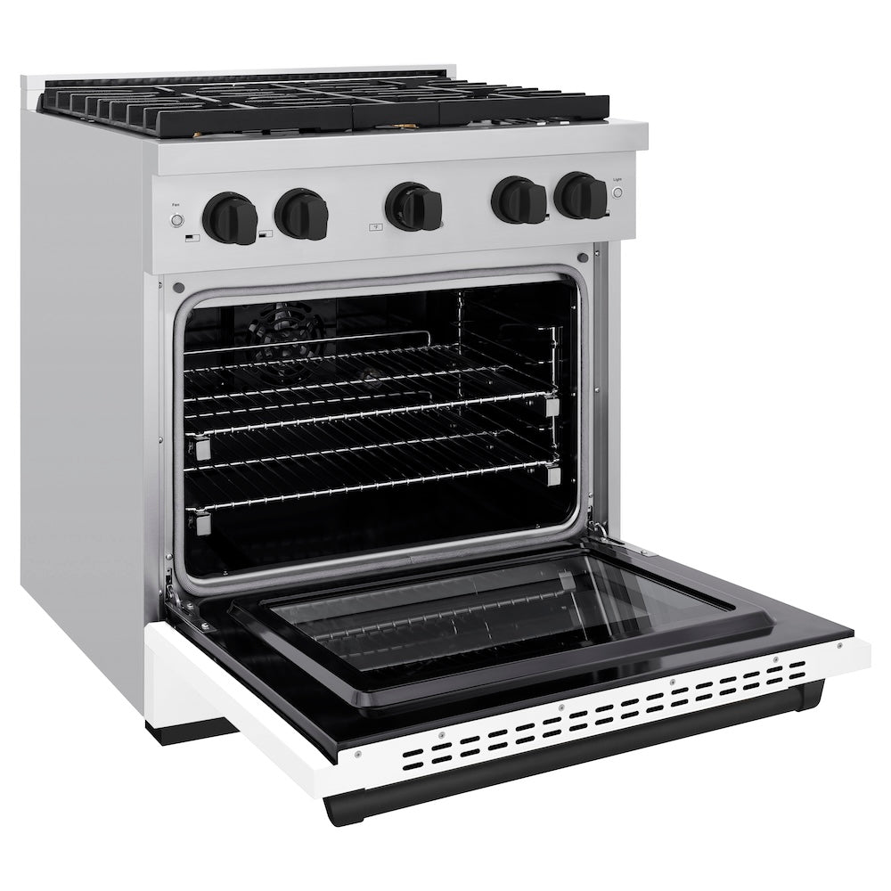 ZLINE Autograph Edition 30 in. 4.2 cu. ft. Paramount Dual Fuel Range with 4 Burner Gas Cooktop and Electric Convection Oven in Stainless Steel with White Matte Door and Matte Black Accents (SDRZ-WM-30-MB)