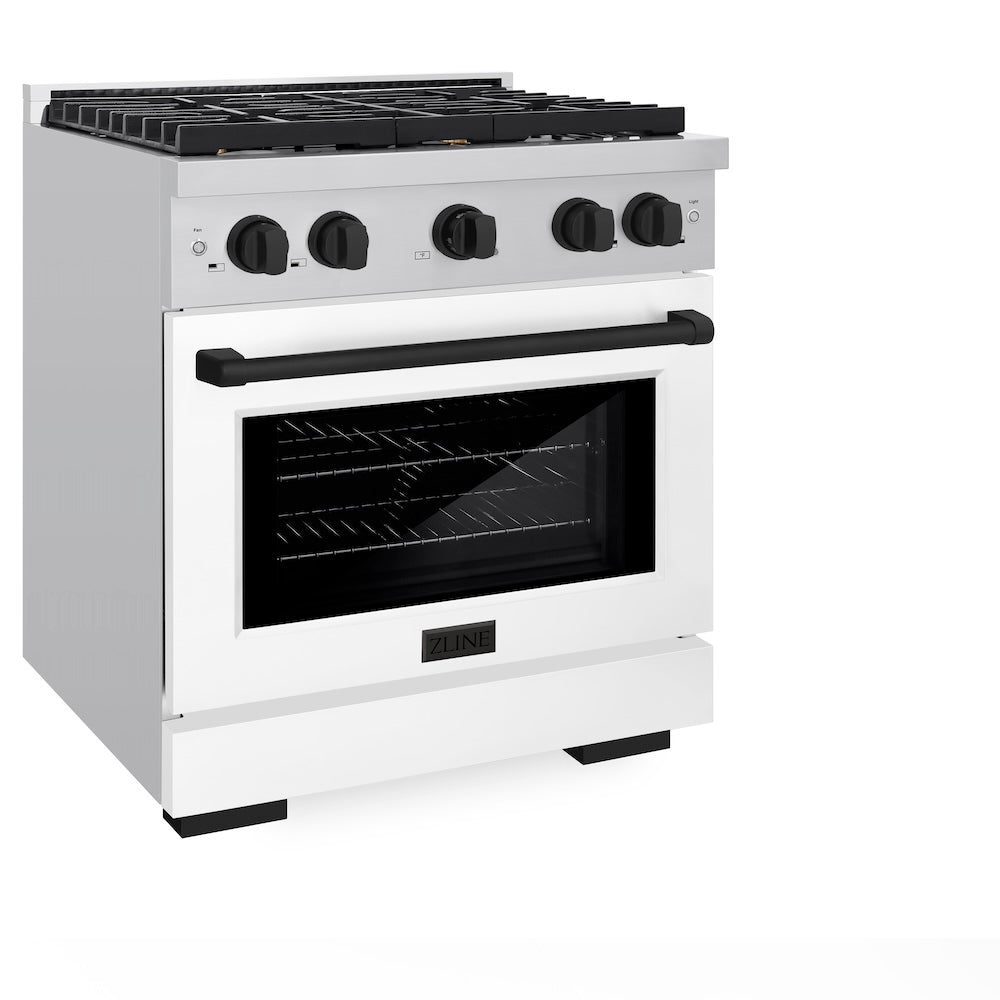 ZLINE Autograph Edition 30 in. 4.2 cu. ft. Paramount Dual Fuel Range with 4 Burner Gas Cooktop and Electric Convection Oven in Stainless Steel with White Matte Door and Matte Black Accents (SDRZ-WM-30-MB) side, oven closed.