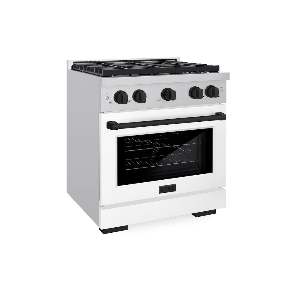 ZLINE Autograph Edition 30 in. 4.2 cu. ft. Paramount Dual Fuel Range with 4 Burner Gas Cooktop and Electric Convection Oven in Stainless Steel with White Matte Door and Matte Black Accents, Open Box-Good Condition main image.