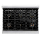 ZLINE Autograph Edition 36 in. 5.2 cu. ft. Paramount Dual Fuel Range with 6 Burner Gas Cooktop and Electric Convection Oven in Stainless Steel with White Matte Door and Polished Gold Accents (SDRZ-WM-36-G) top-down, above cooktop.
