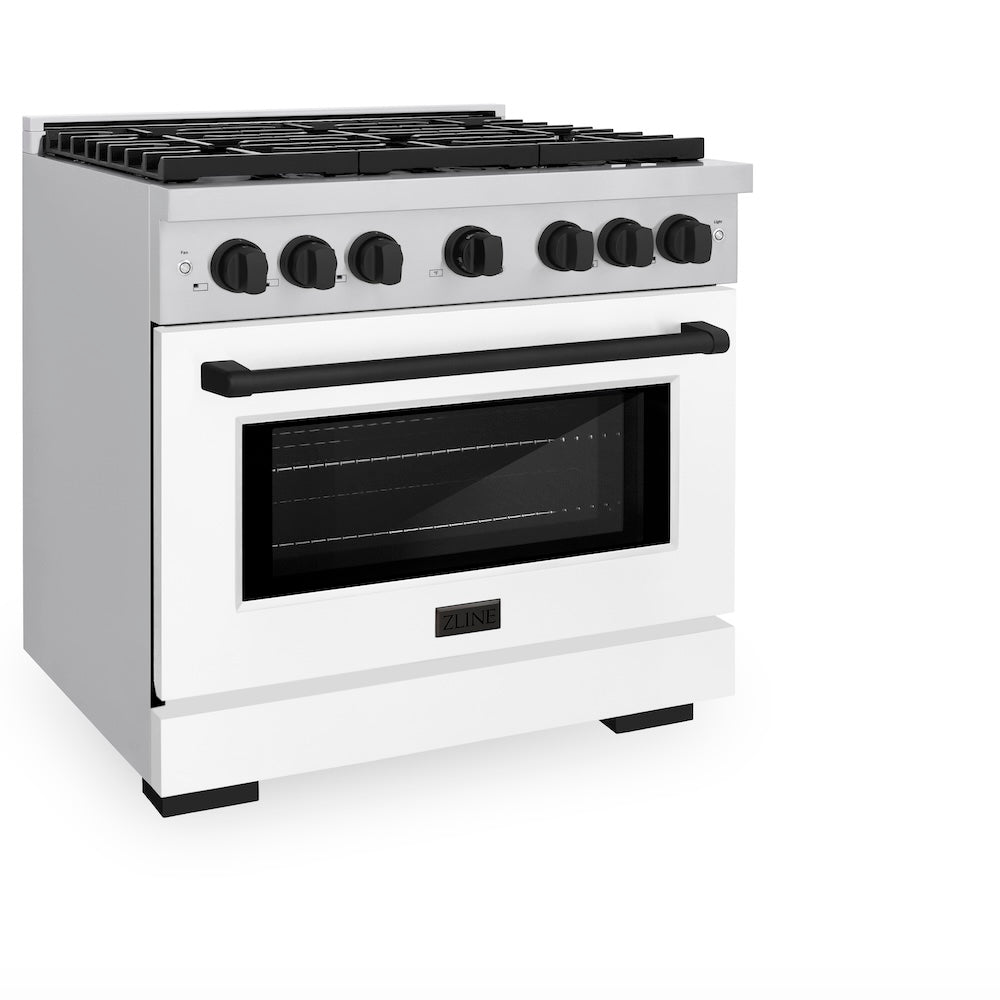 ZLINE Autograph Edition 36 in. 5.2 cu. ft. Paramount Dual Fuel Range with 6 Burner Gas Cooktop and Electric Convection Oven in Stainless Steel with White Matte Door and Matte Black Accents (SDRZ-WM-36-MB) side, oven closed.