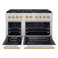 ZLINE Autograph Edition 48 in. 6.7 cu. ft. Paramount Double Oven Dual Fuel Range with 8 Burner Gas Cooktop in Stainless Steel with White Matte Doors and Champagne Bronze Accents (SDRZ-WM-48-CB) front, oven open.