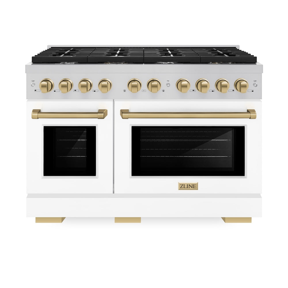 ZLINE Autograph Edition 48 in. 6.7 cu. ft. Paramount Double Oven Dual Fuel Range with 8 Burner Gas Cooktop in Stainless Steel with White Matte Doors and Champagne Bronze Accents (SDRZ-WM-48-CB) front, oven closed.