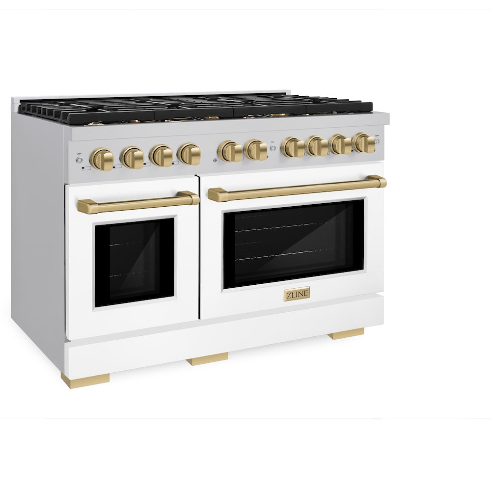 ZLINE Autograph Edition 48 in. 6.7 cu. ft. Paramount Double Oven Dual Fuel Range with 8 Burner Gas Cooktop in Stainless Steel with White Matte Doors and Champagne Bronze Accents (SDRZ-WM-48-CB) side, oven closed.