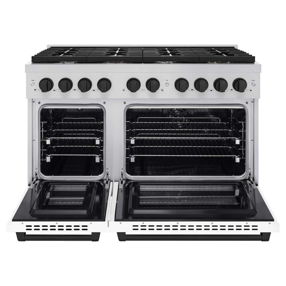 ZLINE Autograph Edition 48 in. 6.7 cu. ft. Paramount Double Oven Dual Fuel Range with 8 Burner Gas Cooktop in Stainless Steel with White Matte Doors and Matte Black Accents (SDRZ-WM-48-MB) front, oven open.