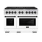 ZLINE Autograph Edition 48 in. 6.7 cu. ft. Paramount Double Oven Dual Fuel Range with 8 Burner Gas Cooktop in Stainless Steel with White Matte Doors and Matte Black Accents (SDRZ-WM-48-MB) front, oven closed.