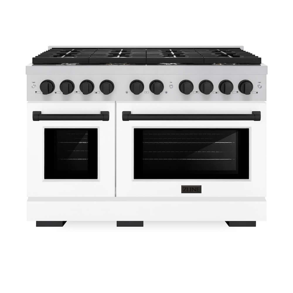 ZLINE Autograph Edition 48 in. 6.7 cu. ft. Paramount Double Oven Dual Fuel Range with 8 Burner Gas Cooktop in Stainless Steel with White Matte Doors and Matte Black Accents (SDRZ-WM-48-MB) front, oven closed.