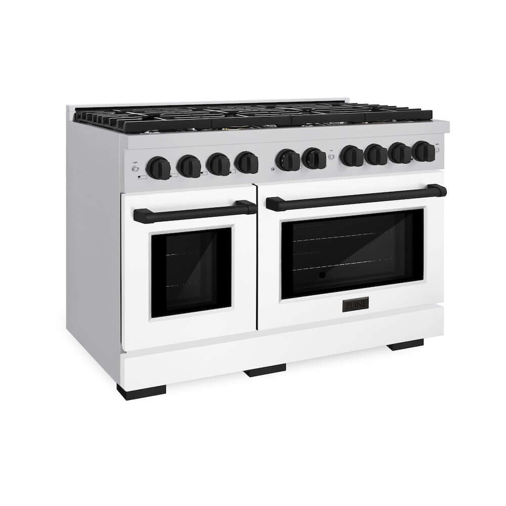 ZLINE Autograph Edition 48 in. 6.7 cu. ft. Paramount Double Oven Dual Fuel Range with 8 Burner Gas Cooktop in Stainless Steel with White Matte Doors and Matte Black Accents (SDRZ-WM-48-MB) main image.
