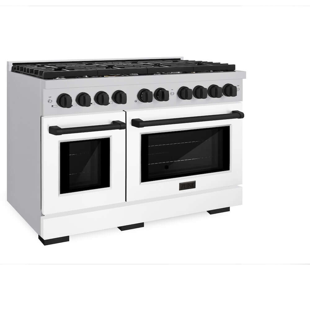 ZLINE Autograph Edition 48 in. 6.7 cu. ft. Paramount Double Oven Dual Fuel Range with 8 Burner Gas Cooktop in Stainless Steel with White Matte Doors and Matte Black Accents (SDRZ-WM-48-MB) side, oven closed.