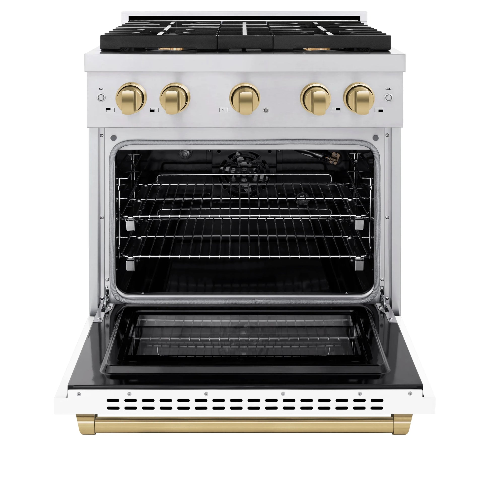 ZLINE Autograph Edition 30 in. 4.2 cu. ft. Paramount Gas Range with 4 Burner Cooktop and Convection Gas Oven in Stainless Steel with White Matte Door and Champagne Bronze Accents, Open Box-Great Condition