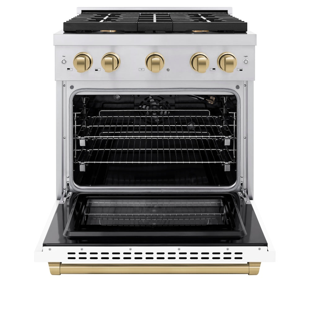 ZLINE Autograph Edition 30 in. 4.2 cu. ft. Paramount Gas Range with 4 Burner Cooktop and Convection Gas Oven in Stainless Steel with White Matte Door and Champagne Bronze Accents (SGRZ-WM-30-CB)