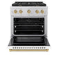 ZLINE Autograph Edition 30 in. 4.2 cu. ft. Paramount Gas Range with 4 Burner Cooktop and Convection Gas Oven in Stainless Steel with White Matte Door and Champagne Bronze Accents (SGRZ-WM-30-CB) front, oven open.
