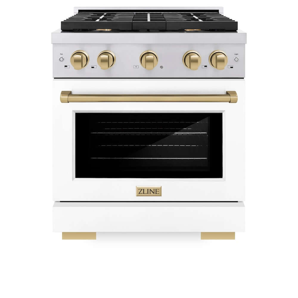 ZLINE Autograph Edition 30 in. 4.2 cu. ft. 4 Burner Gas Range with Convection Gas Oven in Stainless Steel with White Matte Door and Champagne Bronze Accents (SGRZ-WM-30-CB)