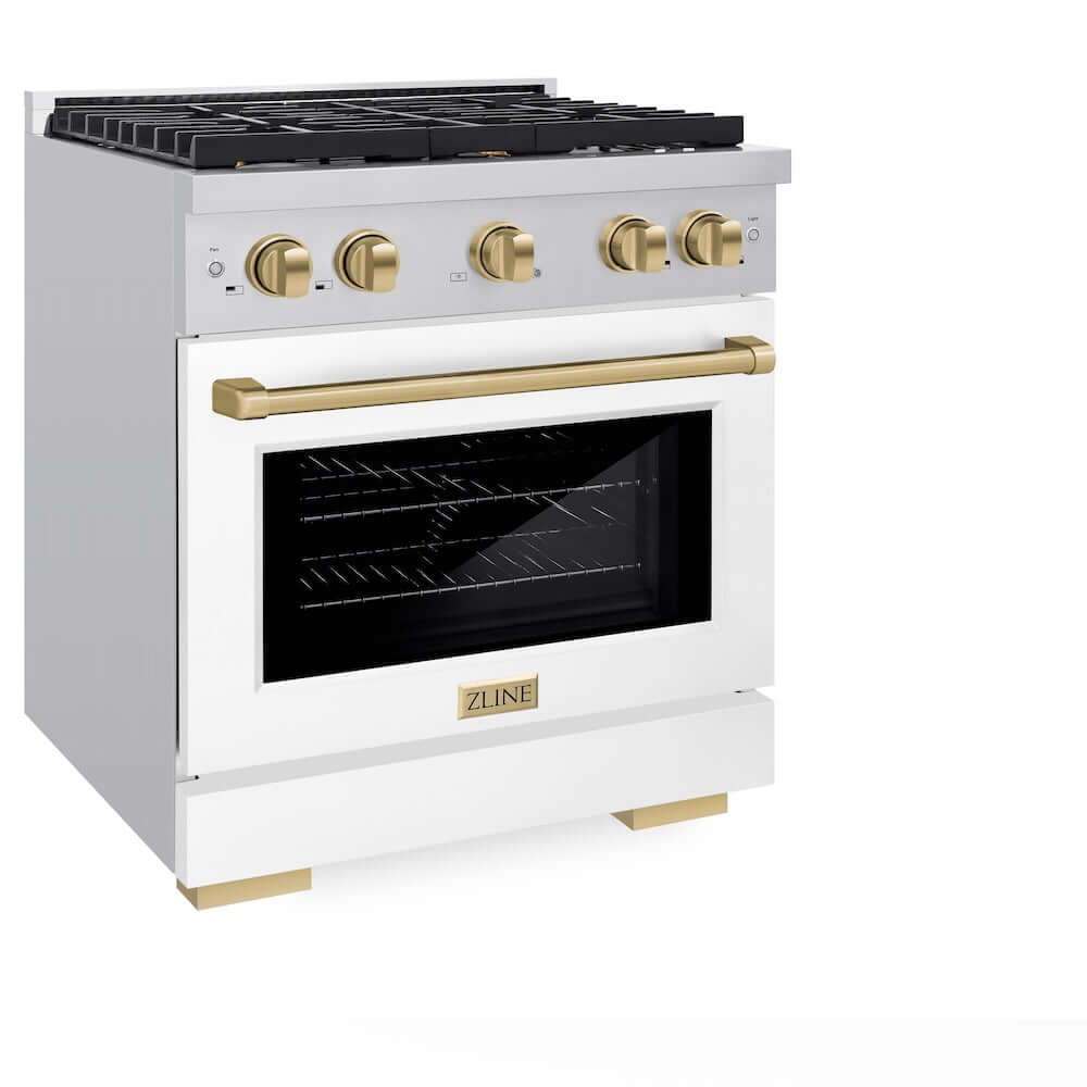 ZLINE Autograph Edition 30 in. 4.2 cu. ft. 4 Burner Gas Range with Convection Gas Oven in Stainless Steel with White Matte Door and Champagne Bronze Accents (SGRZ-WM-30-CB)