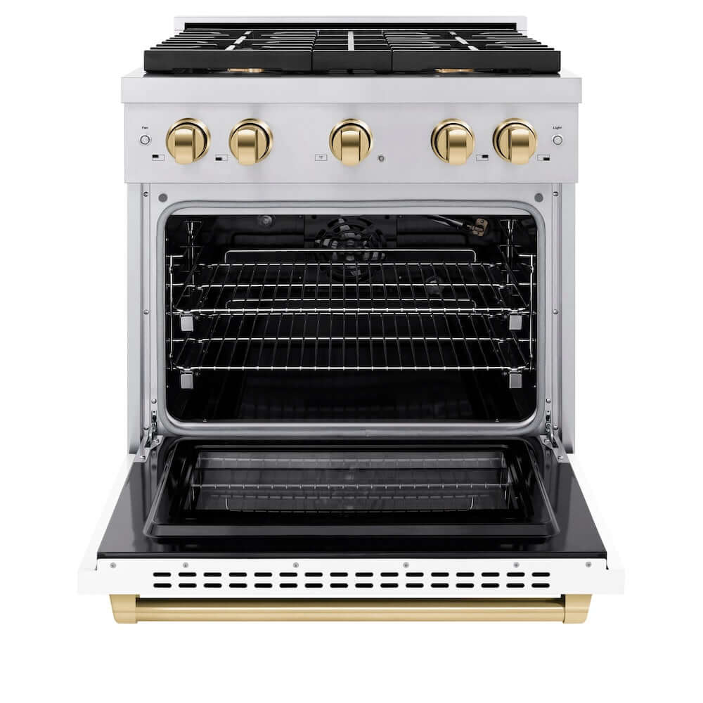 ZLINE Autograph Edition 30 in. 4.2 cu. ft. 4 Burner Gas Range with Convection Gas Oven in Stainless Steel with White Matte Door and Polished Gold Accents (SGRZ-WM-30-G) front, oven open.