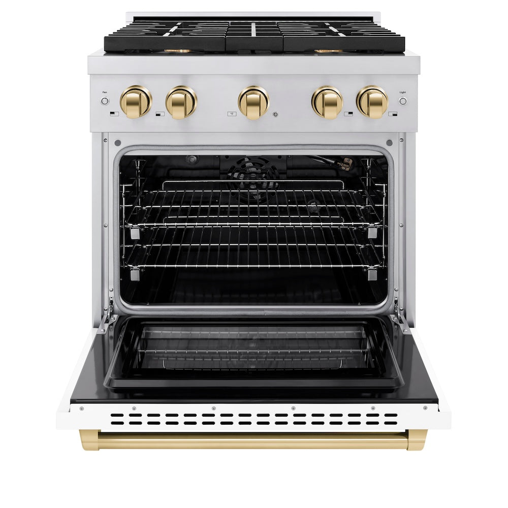 ZLINE Autograph Edition 30 in. 4.2 cu. ft. Paramount Gas Range with 4 Burner Cooktop and Convection Gas Oven in Stainless Steel with White Matte Door and Polished Gold Accents (SGRZ-WM-30-G) front, oven open.