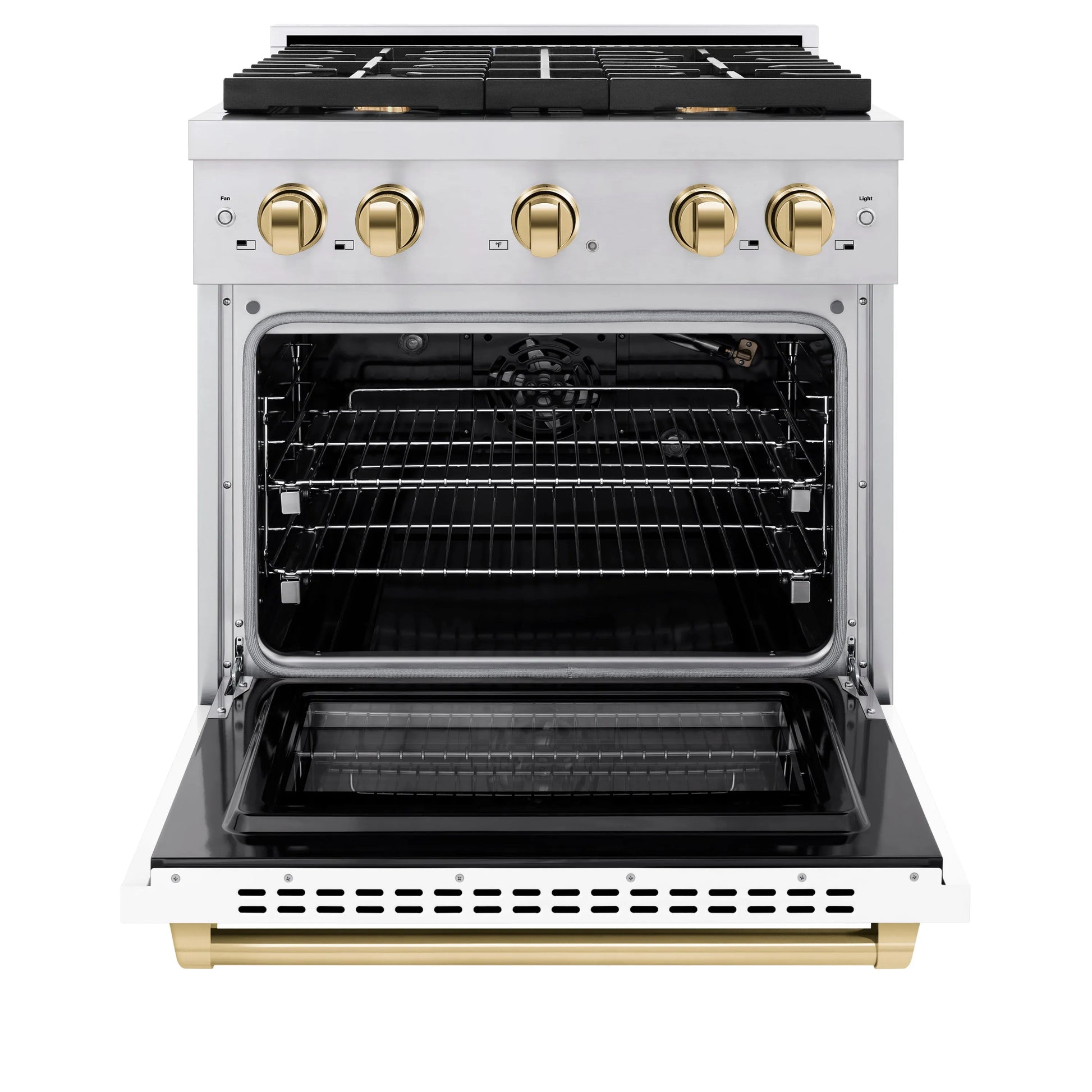 ZLINE Autograph Edition 30 in. 4.2 cu. ft. Paramount Gas Range with 4 Burner Cooktop and Convection Gas Oven in Stainless Steel with White Matte Door and Polished Gold Accents, Open Box-Great Condition