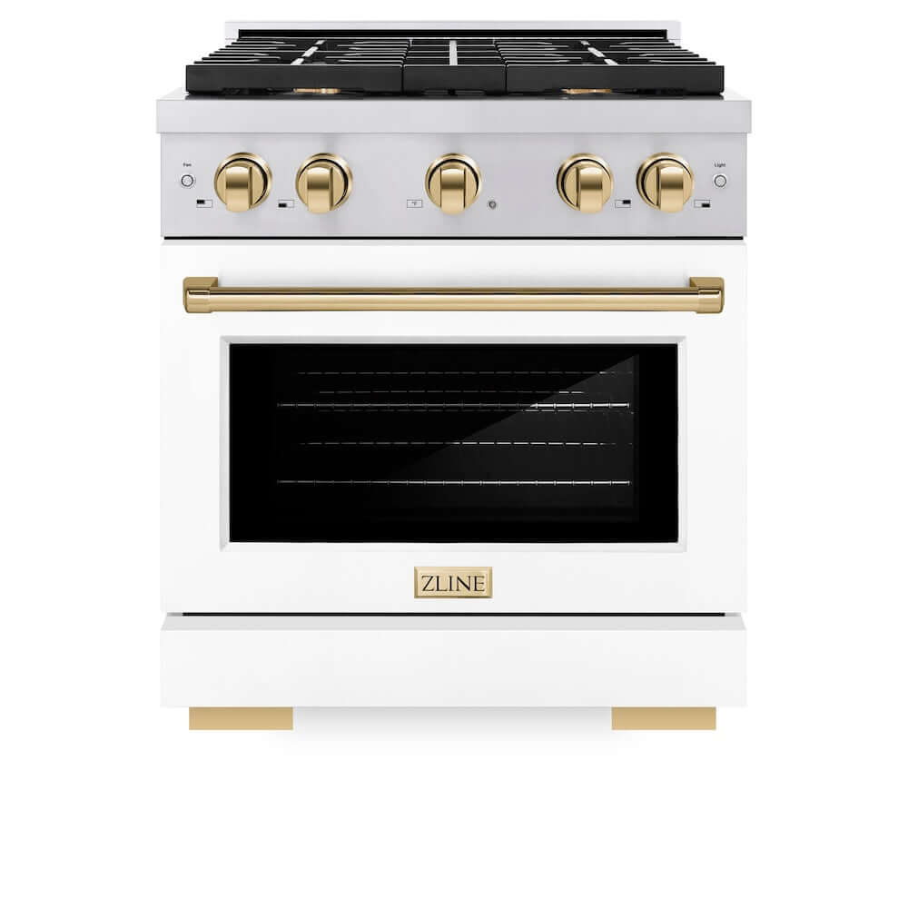 ZLINE Autograph Edition 30 in. 4.2 cu. ft. 4 Burner Gas Range with Convection Gas Oven in Stainless Steel with White Matte Door and Polished Gold Accents (SGRZ-WM-30-G) front, oven closed.