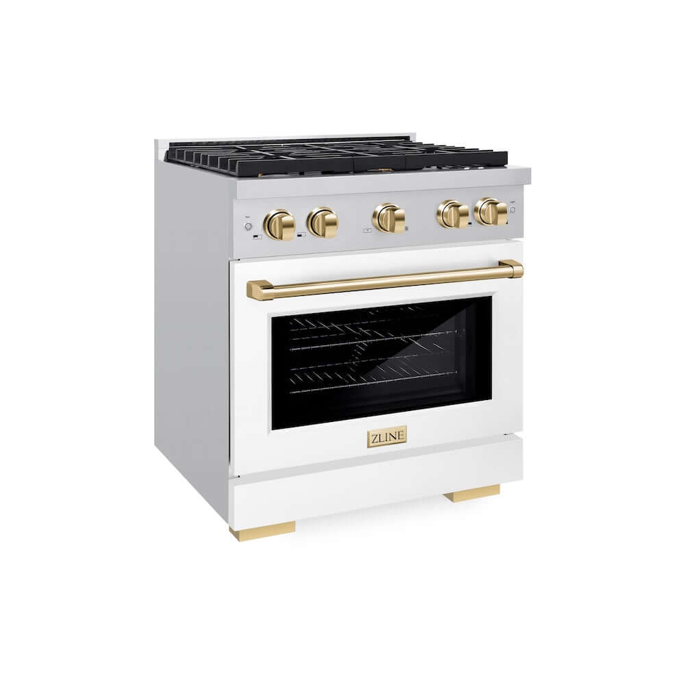 ZLINE Autograph Edition 30 in. 4.2 cu. ft. 4 Burner Gas Range with Convection Gas Oven in Stainless Steel with White Matte Door and Polished Gold Accents (SGRZ-WM-30-G) 