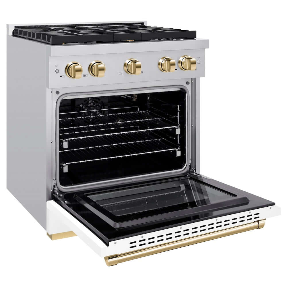 ZLINE Autograph Edition 30 in. 4.2 cu. ft. 4 Burner Gas Range with Convection Gas Oven in Stainless Steel with White Matte Door and Polished Gold Accents (SGRZ-WM-30-G) side, oven open.