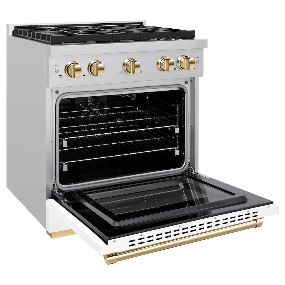 ZLINE Autograph Edition 30 in. 4.2 cu. ft. Paramount Gas Range with 4 Burner Cooktop and Convection Gas Oven in Stainless Steel with White Matte Door and Polished Gold Accents (SGRZ-WM-30-G) side, oven open.