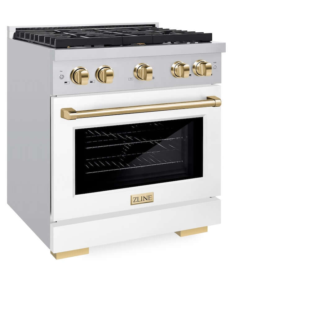 ZLINE Autograph Edition 30 in. 4.2 cu. ft. 4 Burner Gas Range with Convection Gas Oven in Stainless Steel with White Matte Door and Polished Gold Accents (SGRZ-WM-30-G) side, oven closed.
