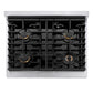 ZLINE Autograph Edition 30 in. 4.2 cu. ft. Paramount Gas Range with 4 Burner Cooktop and Convection Gas Oven in Stainless Steel with White Matte Door and Polished Gold Accents (SGRZ-WM-30-G) top-down, above cooktop.