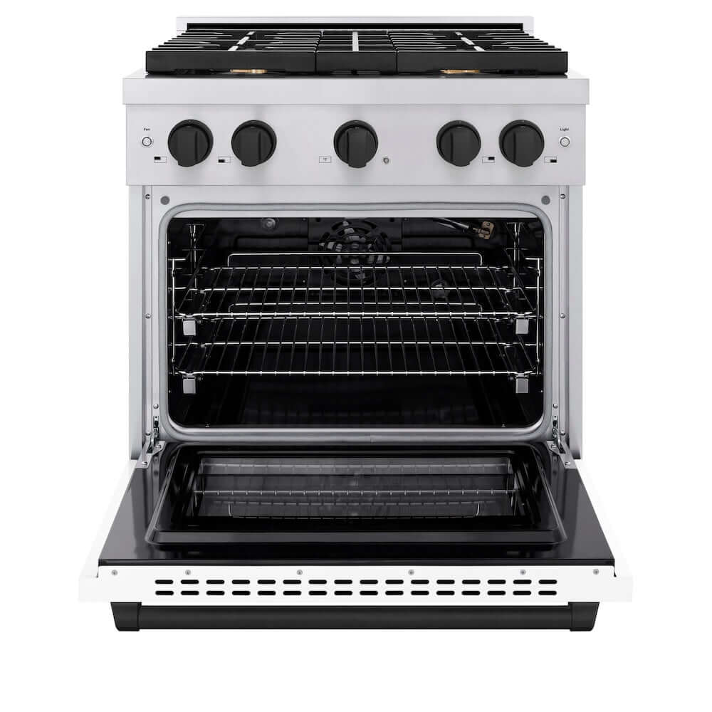 ZLINE Autograph Edition 30 in. Gas Range in Stainless Steel with White Matte Oven door and Matte Black Accents (SGRZ-WM-30-MB) front, oven door open.